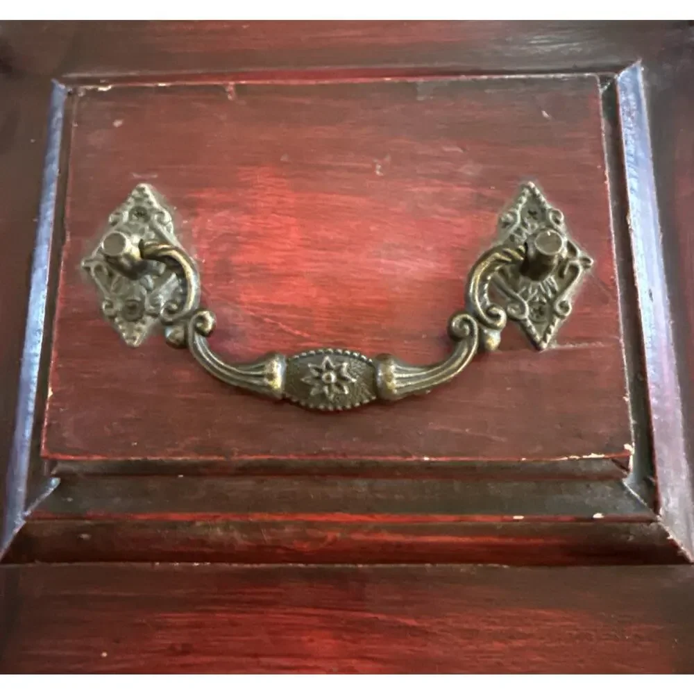Vintage Red Wooden Keepsake Box Brass Handle Acorn Finials Lined 9in X 9in X 7in